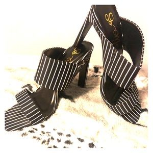 Black and white striped heel sandals